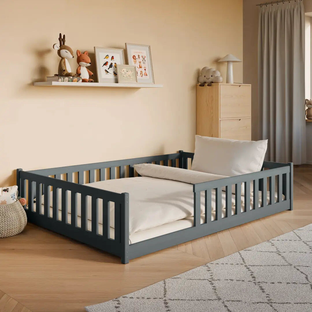 Harriet Bee Montessori Wooden Bed Mati EU Double – Floor-Hugging Pine, Secure Guardrail Frame & Slat Kit Included Graphite