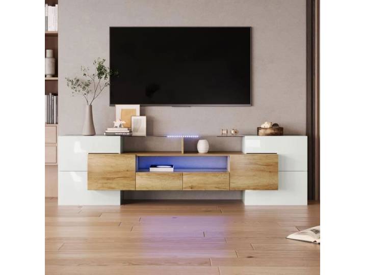 Meuble TV - élégant - 200 cm - blanc brillant - éclairage LED - design moderne
