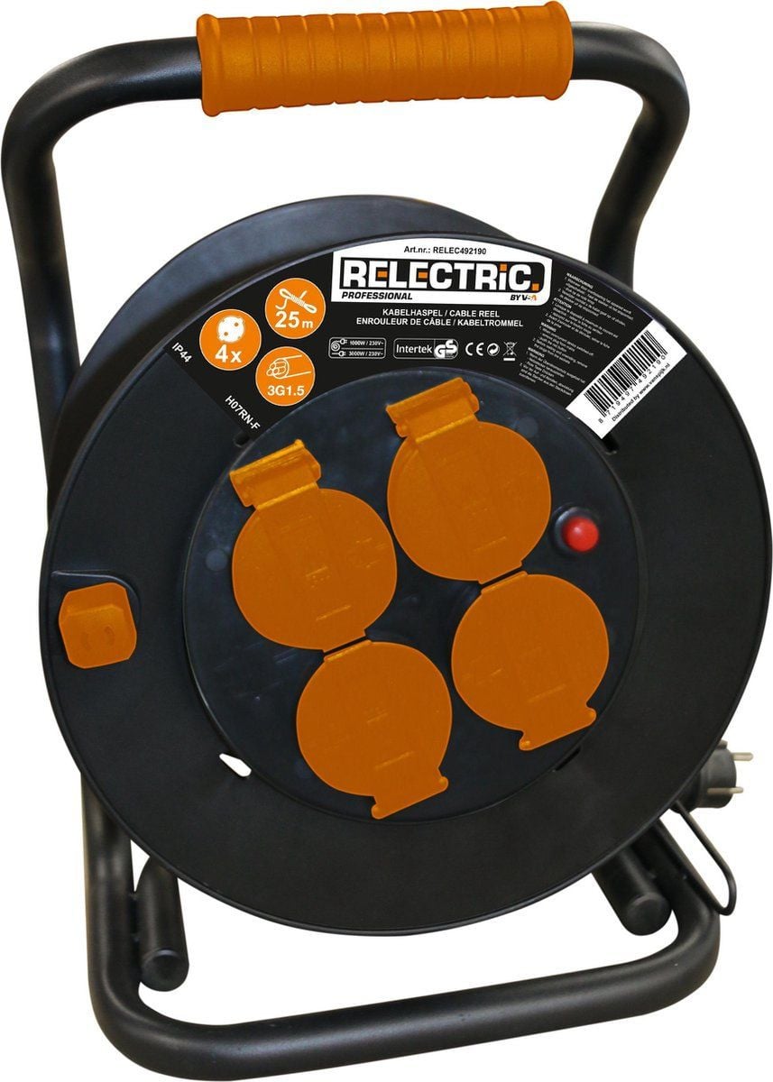 Relectric Kabelhaspel RELEC493104 met 4 stopcontacten, 25m, IP44, Zwart Oranje