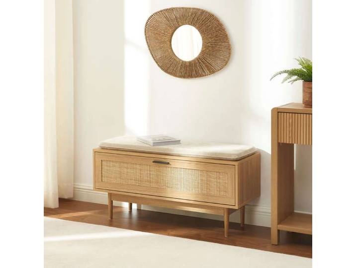 Banc à chaussures AMANA effet chêne et cannage rotin 100cm - Bois
