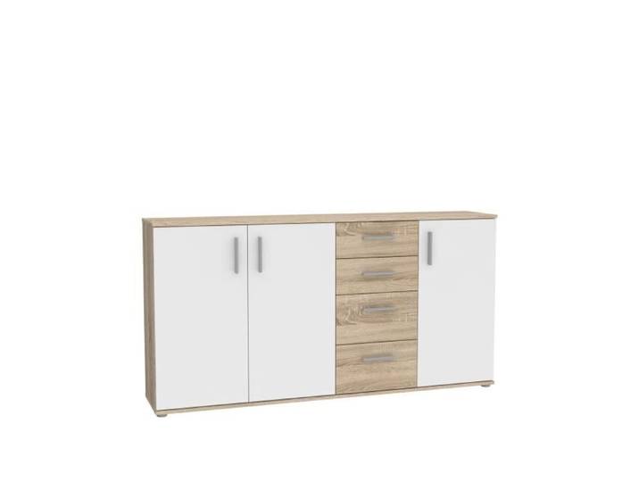 Buffet IKOLI - 3 portes 4 tiroirs - Décor chêne Sonoma et blanc - L159 3 x P31 4 x H81 7 cm - Poignées en plastique