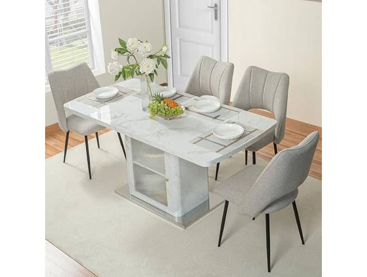 Switdo Ausziehbare Esstisch 120-160CM mit Glasplatte und MDF Ausziehbare Tischplatte von 120 auf 160 cm mit Marmoroptik