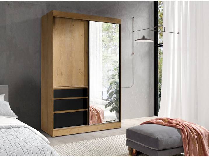 ROYAL24_MARKT Schwebetürenschrank Haiti Schwebetürenschrank 140 cm mit 2 Türen, Spiegel und 3 Schubladen