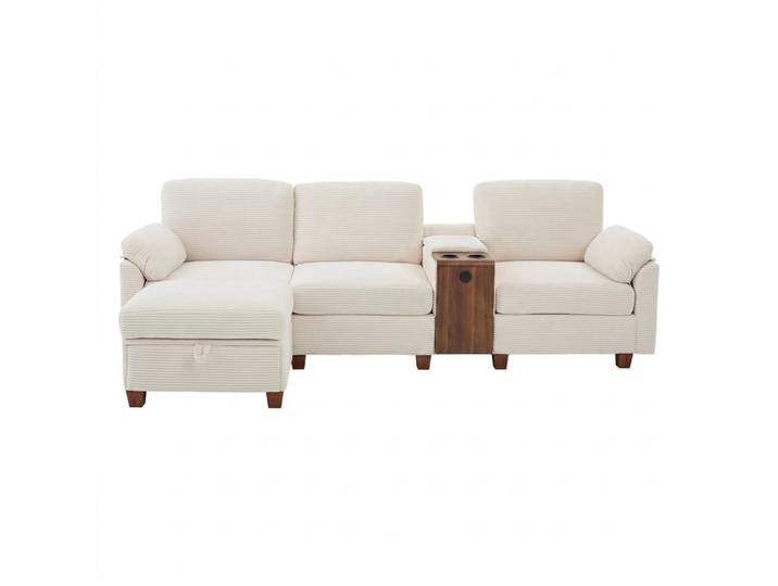 Oxeza Ecksofa 266/136/82 cm Beige mit Abnehmbare Mittelkonsole, 1 Schublade, Seitentasche und beweglicher Stau-Ottoman, Mode, Füllung: Schaumstoff, 266x136 cm, Wohnzimmer, Sofas & Couches, Wohnlandschaften, Ecksofas