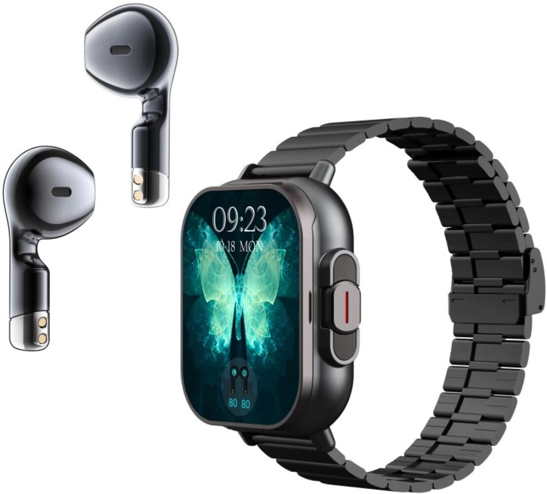 INF 2-in-1 TWS Smartwatch mit magnetischem Ladeetui, Bluetooth 5.3, 2.01 inch TFT-Touchscreen, NFC & Multisport-Funktionen Schwarz