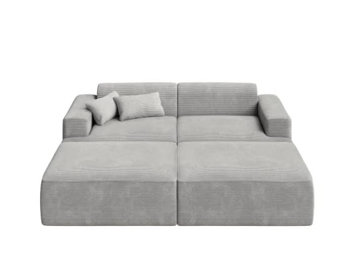 skølm Freki Cloud Couch aus Cord, 2-Sitzer, Grau, 2 Kissen, mit 2 Hocker Sofagarnitur, Vollschaumcouch mit Vakuum-Kompression, 230 cm breit, kein Aufbau erforderlich, Wohnzimmersofa, Polstersofa