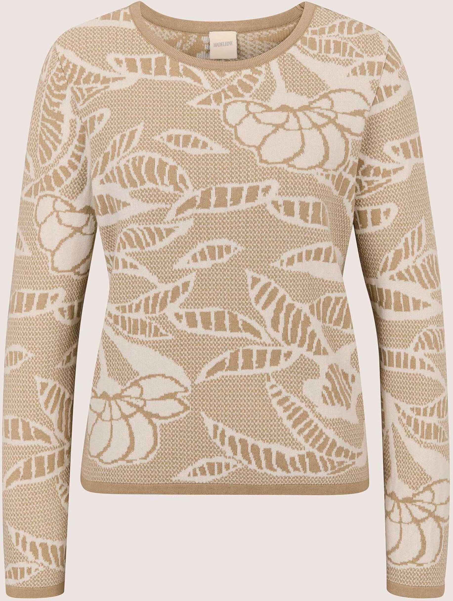Longpullover MADELEINE "Pullover Strickpullover mit Bicolor-Jacquard", Damen, Gr. 40/42, beige, wollweiß, Modern, regular fit, Pullover Longpullover