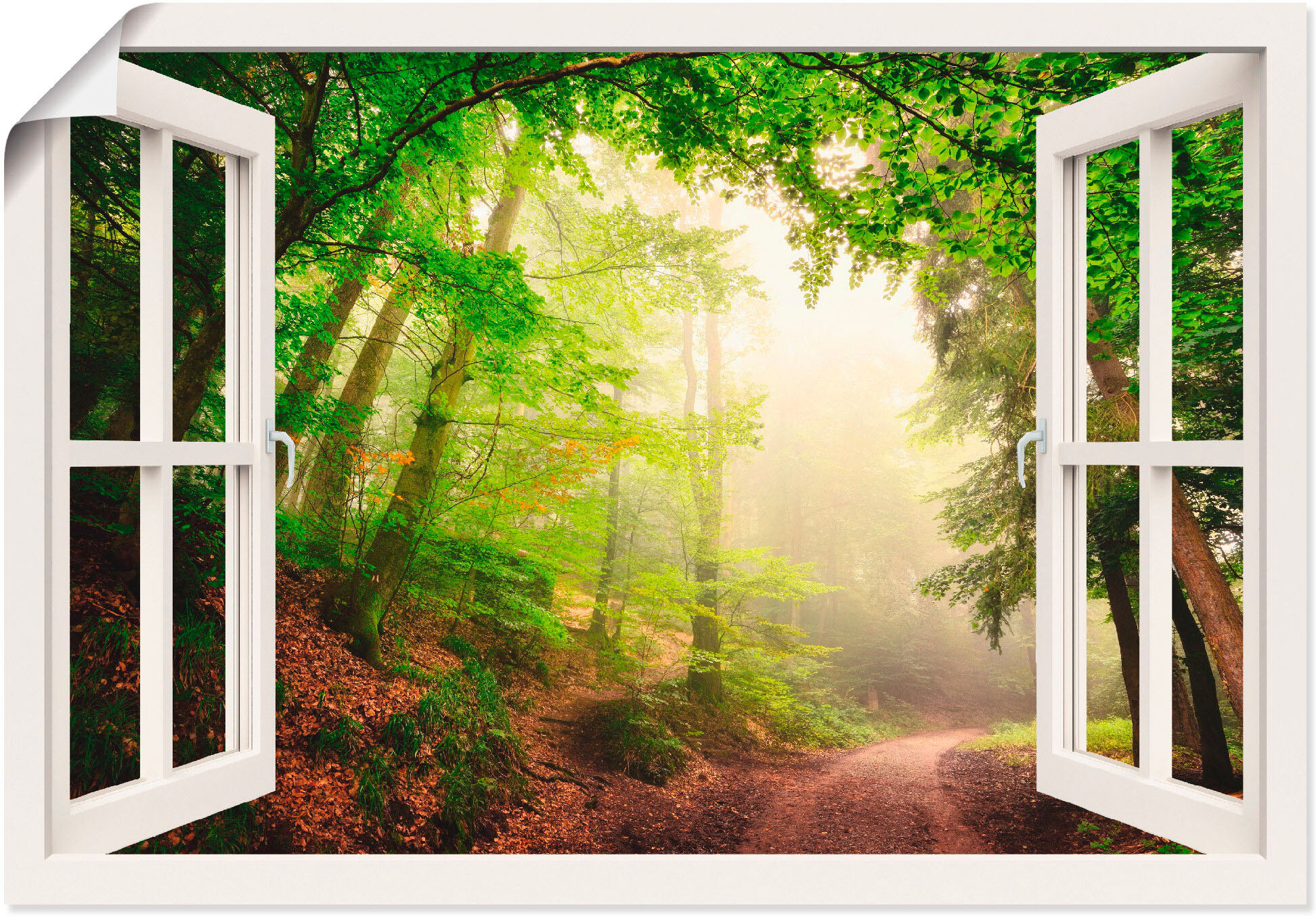 Poster ARTLAND "Fensterblick Torbögen durch Bäume", weiss (farbe bild(er): weiß), B:70cm H:50cm, Bilder, Poster, ohne Rahmen farbe bild(er): weiß B/H/T: 70cm x 50cm, Poster Wald Querformat, 1 Stk.