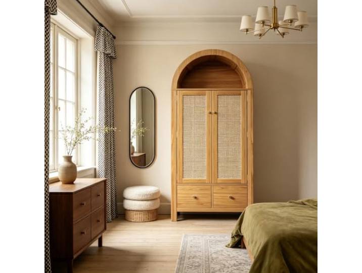 Arcus Gewölbter Kleiderschrank mit Rattan-Türen, 3 Staubereichen, 2 Schubladen für Schlafzimmer & Eingangsbereich (Naturfarbe)