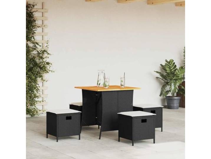 HEFZGDB 5-TLG. Garten-Essgruppe mit Kissen Schwarz Poly Rattan, Outdoor Esstischgruppe mit Akazienholz Tischplatte und waschbaren Bezügen, wetterfestes PE Rattan für Terrasse Garten
