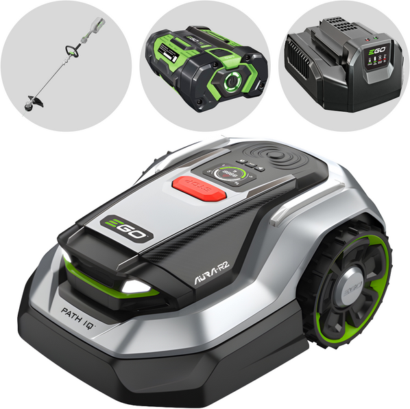 EGO AURA-R2 RMR3000E  - Robot Tagliaerba senza impianto con batteria 5Ah - Decespugliatore ST1300E-S con batteria 2.5Ah