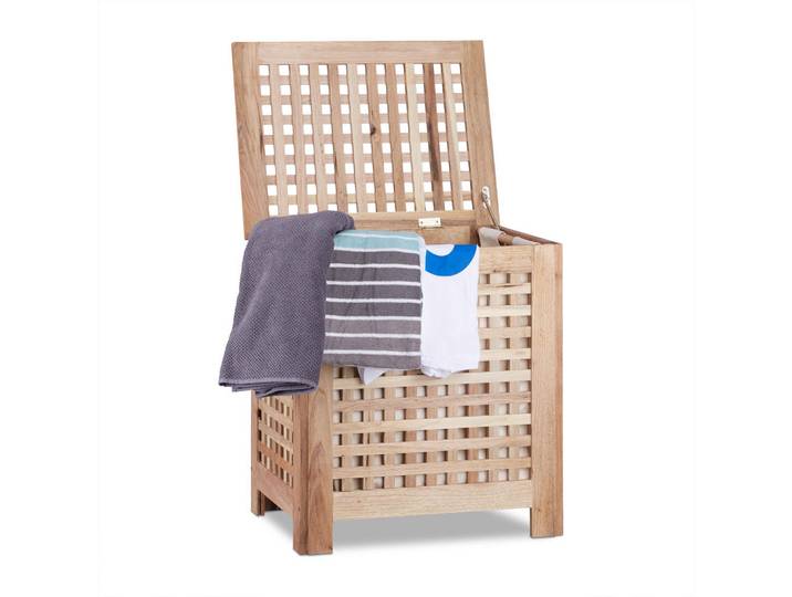 Relaxdays Wäschetruhe Walnuss Holz mit Deckel 70 l, Hellbraun, Holz, 52.5x55.5x39.5 cm, Haushalt & Reinigung, Wäschepflege, Wäschekörbe & Wäschetonnen