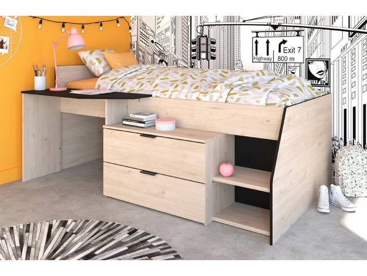 Parisot Hochbett Milky (Jugendbett 90 x 200 cm, Eiche mit schwarz) mit viel Stauraum