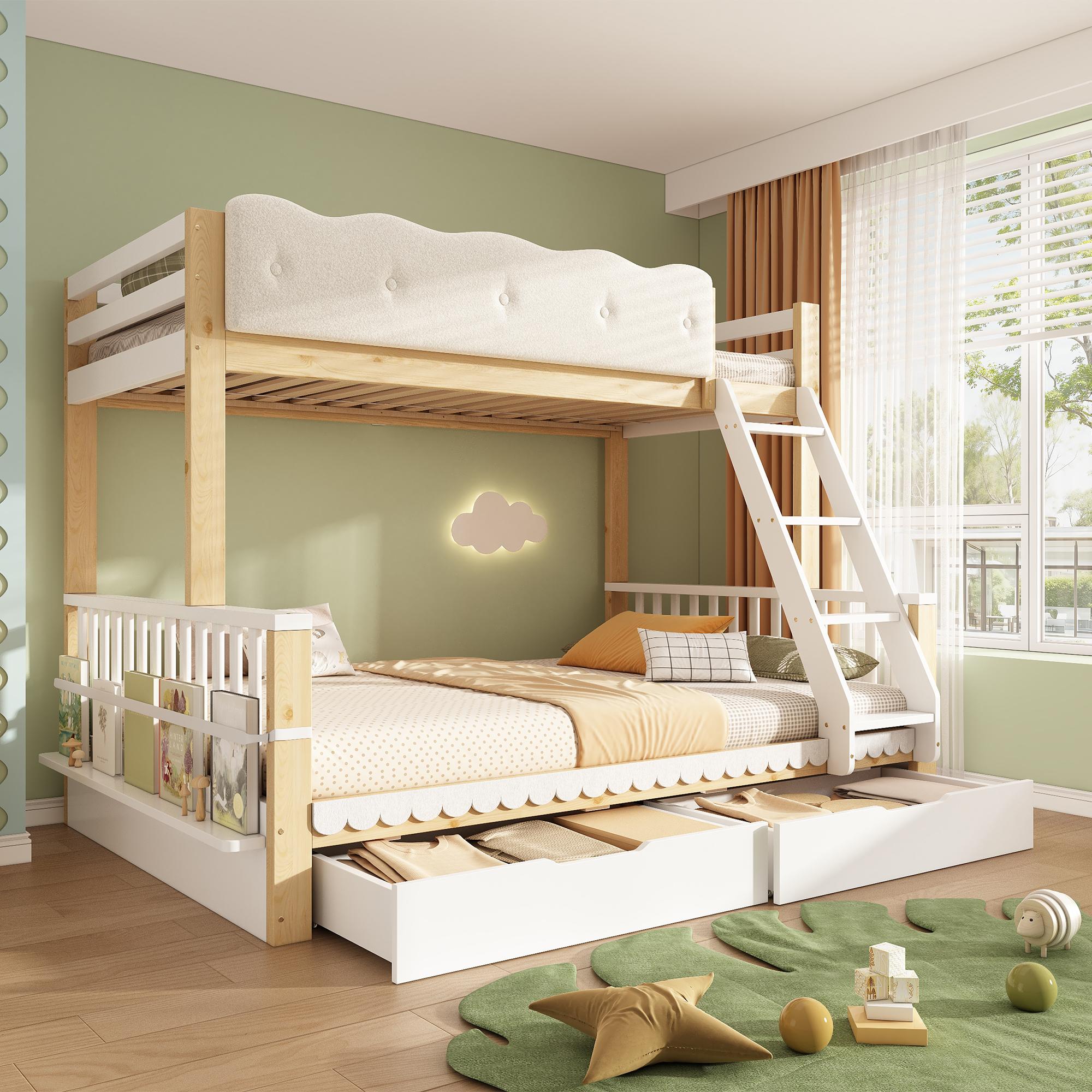 Flieks Etagenbett 90x200cm / 140x200cm, Kinderbett mit 2 Schubladen, Hochbett mit Leiter und Rausfallschutz, Stockbett mit Zeitschriftenständer, Holz