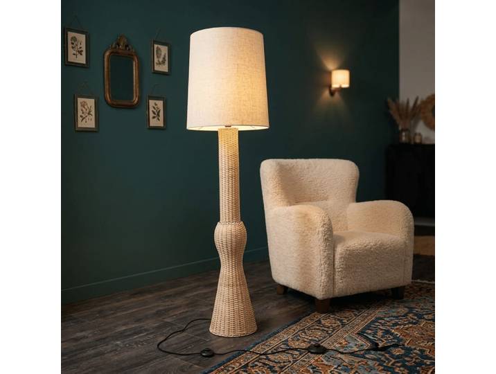 Lampadaire en rotin et lin beige 46x46x161 cm
