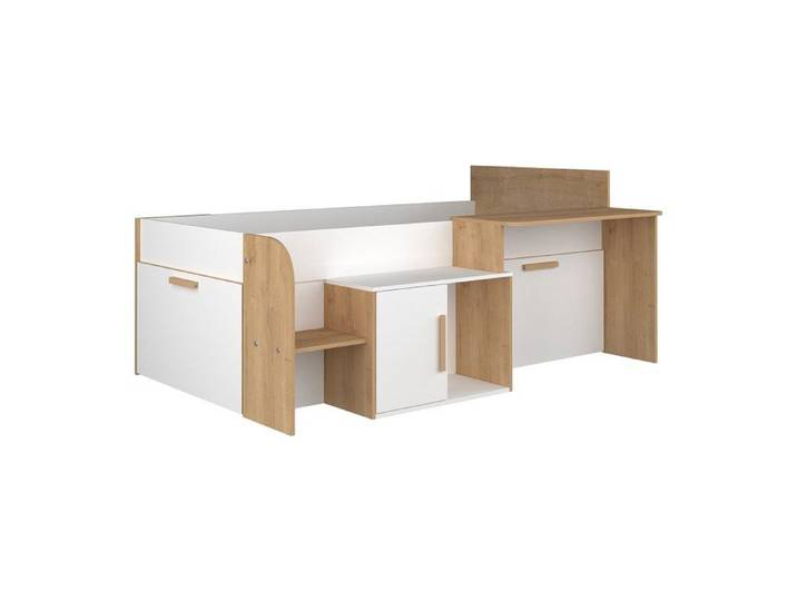 Lit combiné 90 x 200 cm avec bureau et rangements - Coloris : Blanc et naturel - PEDRO