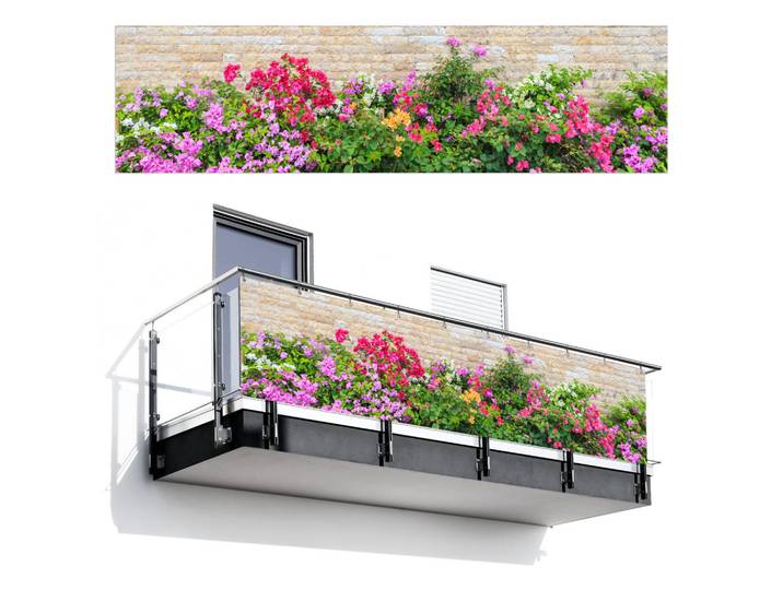MuchoWow Balkon-Sichtschutz Blumen - Pflanzen - Blätter - Steine, Pink, Kunststoff, Rechteckig, 300x75 cm, Sonnenschutz, Sichtschutz