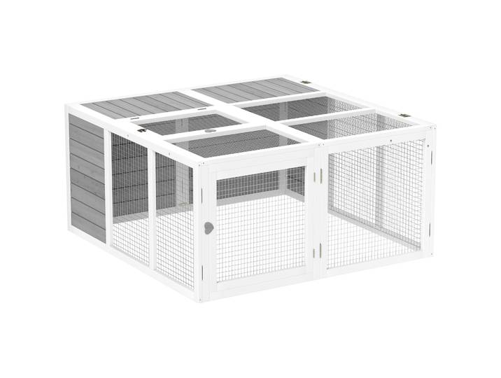 PawHut Ren kleindierhok, konijnenhok, houten constructie, opvouwbaar, voor binnen en buiten, lichtgrijs