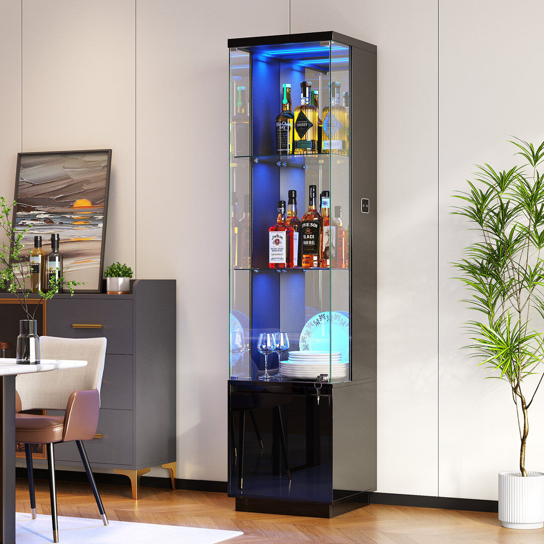 Metro Glass Display Cabinet with 3 Color Led Lights, Wine Cabinet with Lock Black 165cm H X 40cm W X 38cm D