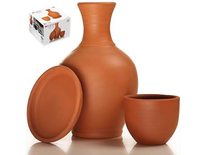 Terracotta Mud Jugs with Mug, Clay Water Pitcher with Cup, Earthen Water Carafe Set, Pottery Jar for Drinking Water, 74 oz