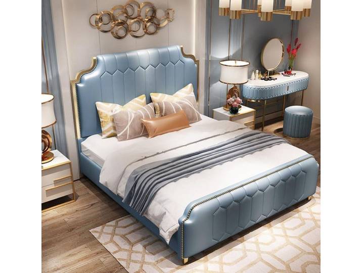 Xlmoebel Polsterbett Blaues Holz-Doppelbett im modernen Design mit eleganter Verarbeitung (Bett, 1-tlg., Bett), Hergestellt in Europa