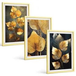 BILDER SET 3er Set - 40x60 cm Goldrahmen - Gelbe Blätter auf dunklem Hintergrund