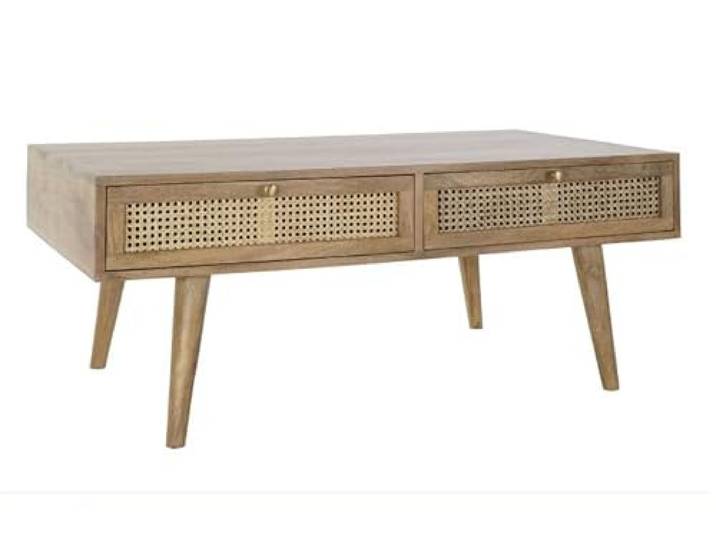 DRW Couchtisch aus Mangoholz und natürlichem Rattan, 115 x 60 x 46 cm