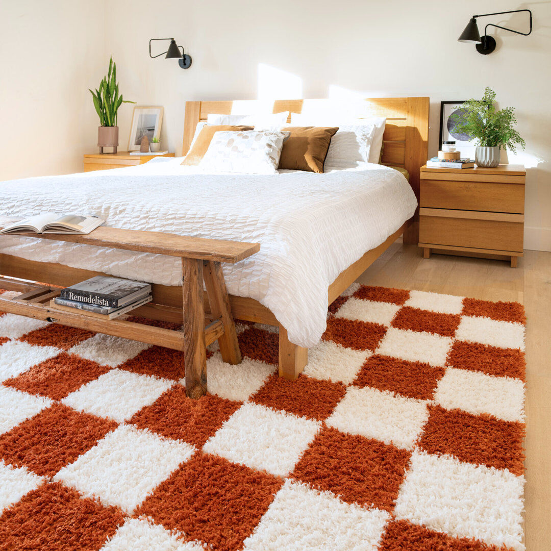 17 Stories Tanaja Chequered Shaggy Area Rug Orange 240cm x 330cm