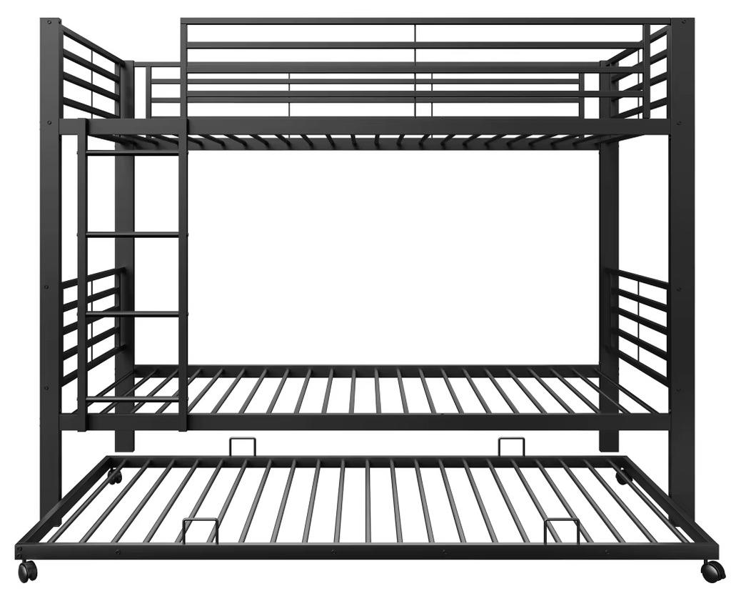 Etagenbett - 90 x 200 cm - Ausziehbett - 3 Schlafplätze - Metall - Sicherheitsgitter und Leiter - Schwarz