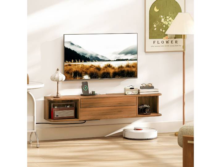 HOMCOM Meuble TV Suspendu 120 cm Noyer avec Tiroir et USB