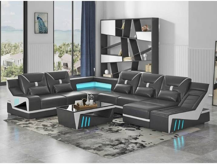 Xlmoebel Wohnlandschaft Moderne Wohnlandschaft U-Form Couchtisch Schwarz LED Sofa Set Couch, 2 Teile, Elegantes Design, Hochwertige Materialien