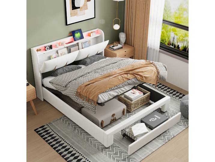 Fortuna Lai Polsterbett Doppelbett 140×200cm mit LED-Beleuchtung, Hydraulisch bett mit Bettkasten Schubladen und Staufächer aus Samt