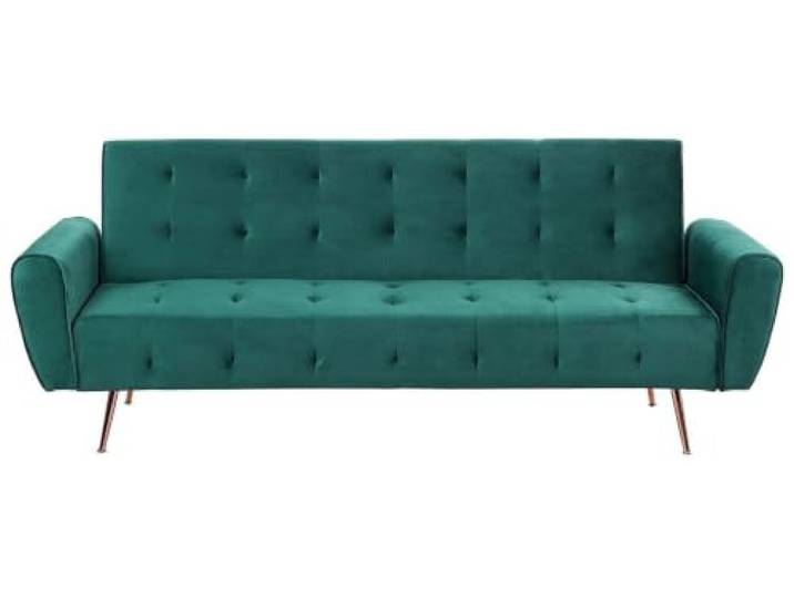 3-Sitzer Schlafsofa Samt grün gesteppt mit hohen Metallfüßen kupfer Selnes