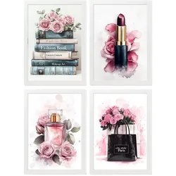 POSTER Set mit 4 Schminke, Schönheitsblumen, Tasche, Parfüm, Lippenstift A4 Weißer Rahmen