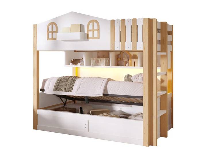 Lit superposé avec lumières LED 90x200cm rangement hydraulique compartiment de rangement ouvert sans matelas blanc + nature