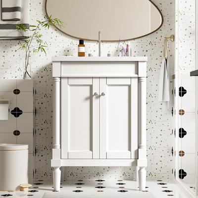 JimsMaison "24'' Solid Wood+MDF Bathroom Vanity with Top Sink and Large Storage Shelves - 24"" x 18"""
