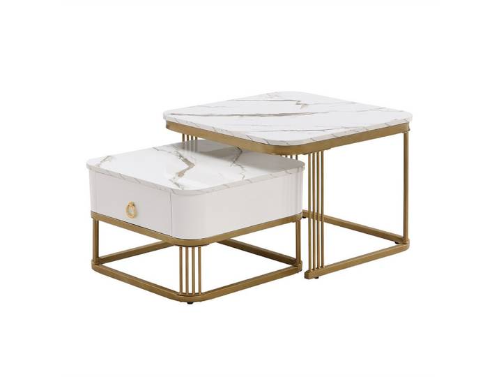 Sweiko Couchtisch Stapelbarer Couchtisch,Couchtisch zweiteiliges Set,Wohnzimmertisch (mit Schubladen und hochglänzende Marmoroptik, 1-St., 60x60x45+50x50x34 cm)
