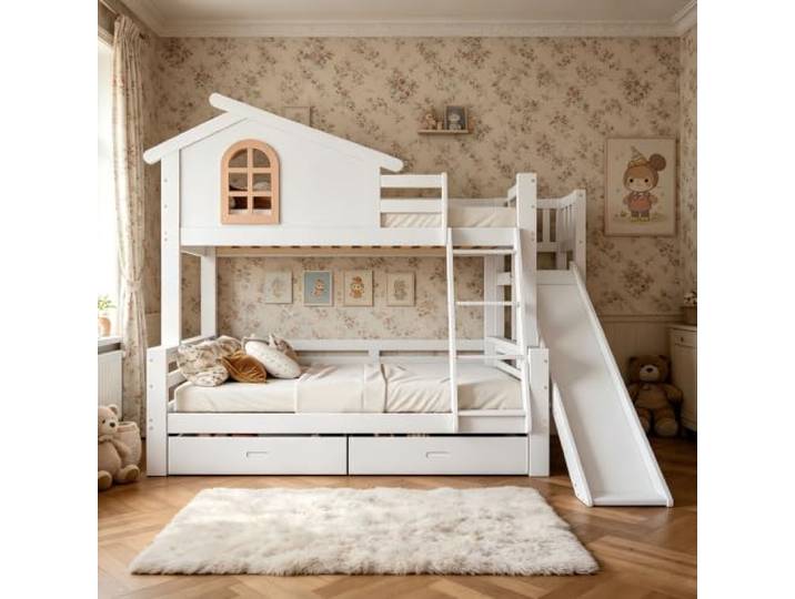 Etagenbett mit charakteristischen Fenstern und vierstufiger Kipptreppe, Kinder und Mutterbett mit mit Rutsche, Bettrahmen aus Massivholz, Weiß, 90x200cm & 120x200cm (Etagenbett + 2 Schubladen)