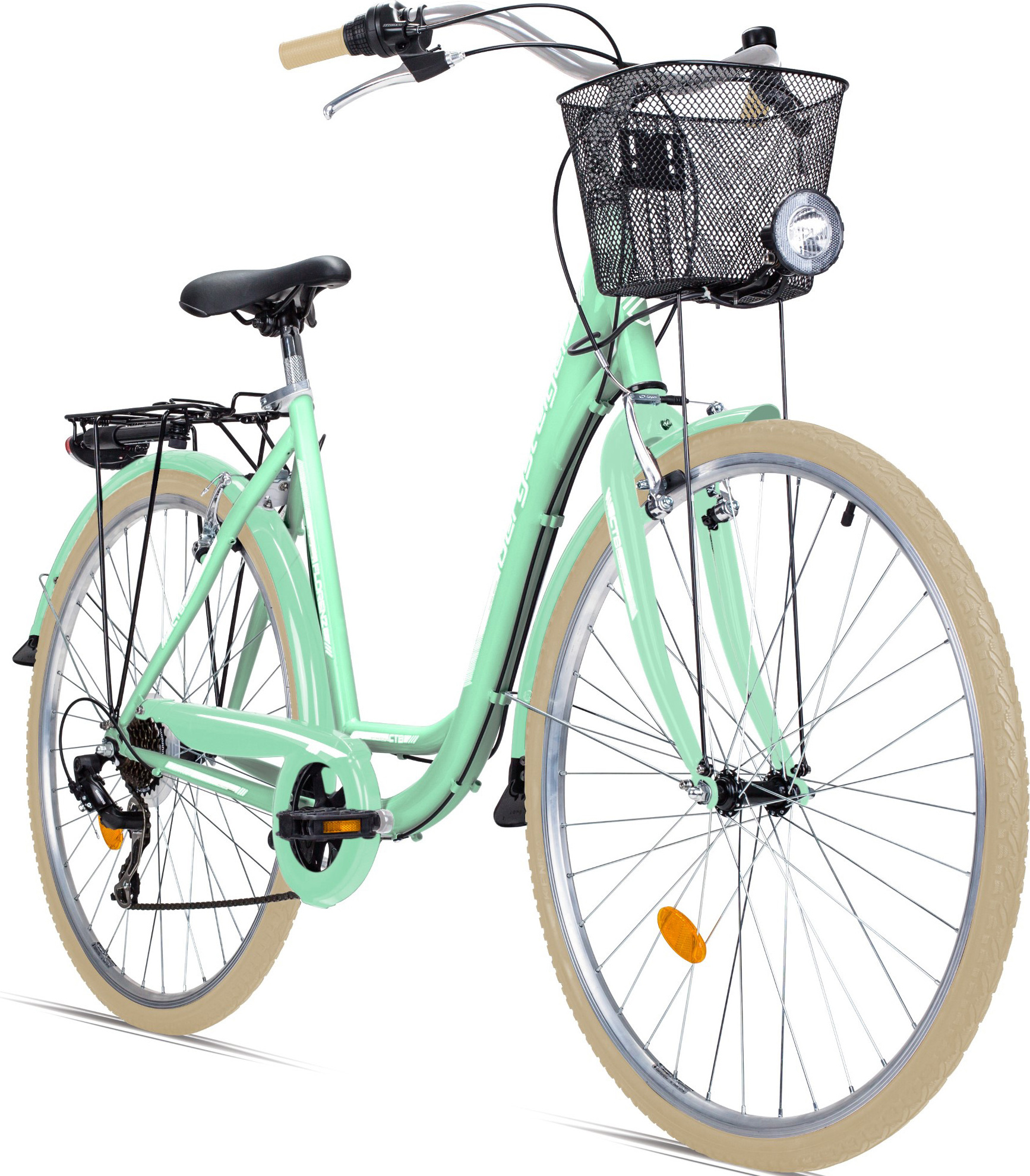 Bergsteiger Florenz 28 Zoll Damenfahrrad, ab 160 cm, Korb, Fahrrad-Licht, Shimano 7 Gang-Schaltung, Standlichtfunktion, Damen-Citybike, Damenrad im Retro-Design