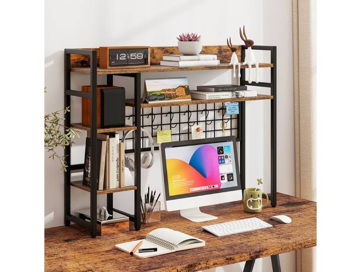 Étagère de Bureau à 4 Niveaux COSTWAY 6 Crochets Garde-corps Antichute 94x25x74cm Organisateur pour Moniteurs jusqu'à 32  Brun