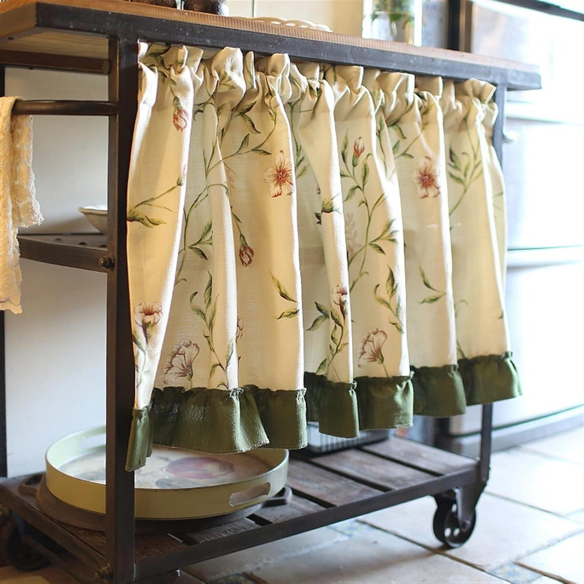 Beige Bistrogordijn met print van hennepmengsel - Semi-transparant - 130 x 30 cm