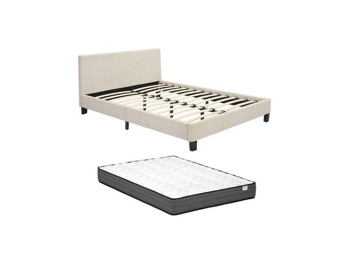 Lit 140 x 190 cm - Tissu - Beige + Matelas - CORNELIUS II