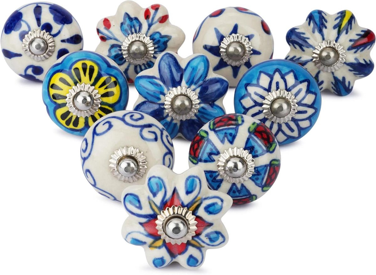 Set van 10 handgemaakte keramische knoppen voor meubels - Blauw en Wit