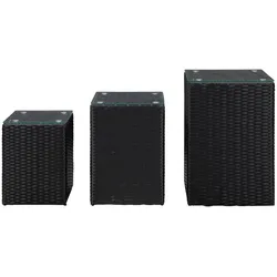vidaXL Beistelltische 3 Stk. mit Glasplatte Schwarz Poly Rattan