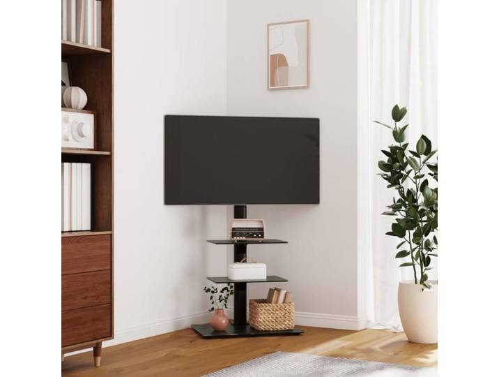 Meuble TV d'angle - - Noir - 3 niveaux - Pivotement 25° - Compatibilité VESA 200x200 à 600x400 mm