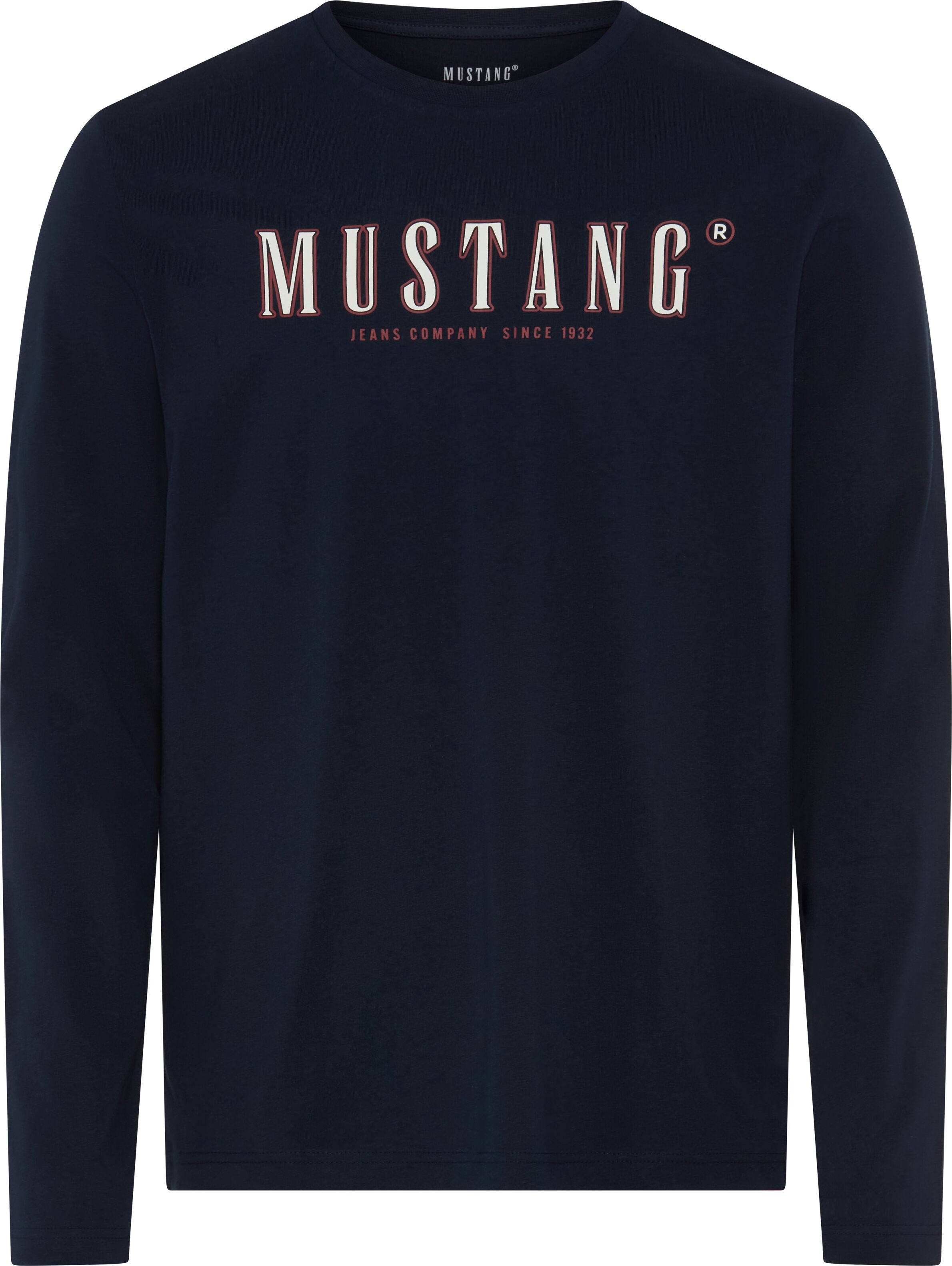 Langarmshirt MUSTANG "Style Adrian", Herren, Gr. S, blau (schwarz saphire), Jersey, Obermaterial: 100% Baumwolle, bedruckt, regular fit normal, Rundhals, Shirts Langarmshirt, plakativ bedruckt schwarz saphire S