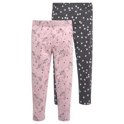 Leggings KIDSWORLD "2er Pack Leggings für kleine Mädchen", Mädchen, Gr. 140/146, N-Gr, rosa (rosa, gemustert, anthrazit, gepunktet), Jersey, Obermaterial: 95% Baumwolle, 5% Elasthan, bedruckt, gemustert, eng lang, Hosen Leggings, mit Pferde-Allover