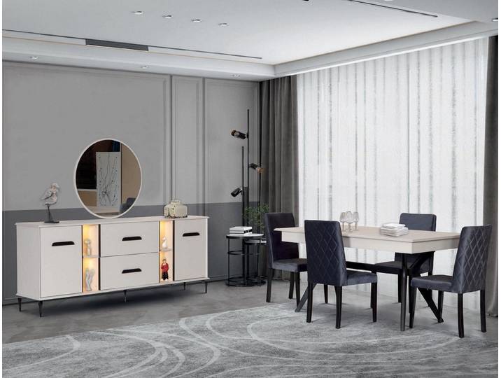 JVmoebel Esszimmer-Set Esszimmer Set Tisch Sideboard Beige Bequem Modern Schwarze Elemente, Made in Europa