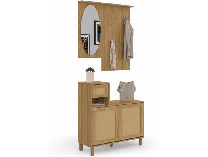 IDMarket Vestiaire d'entrée HANAE avec Miroir Cannage Bois 80x30x85 cm