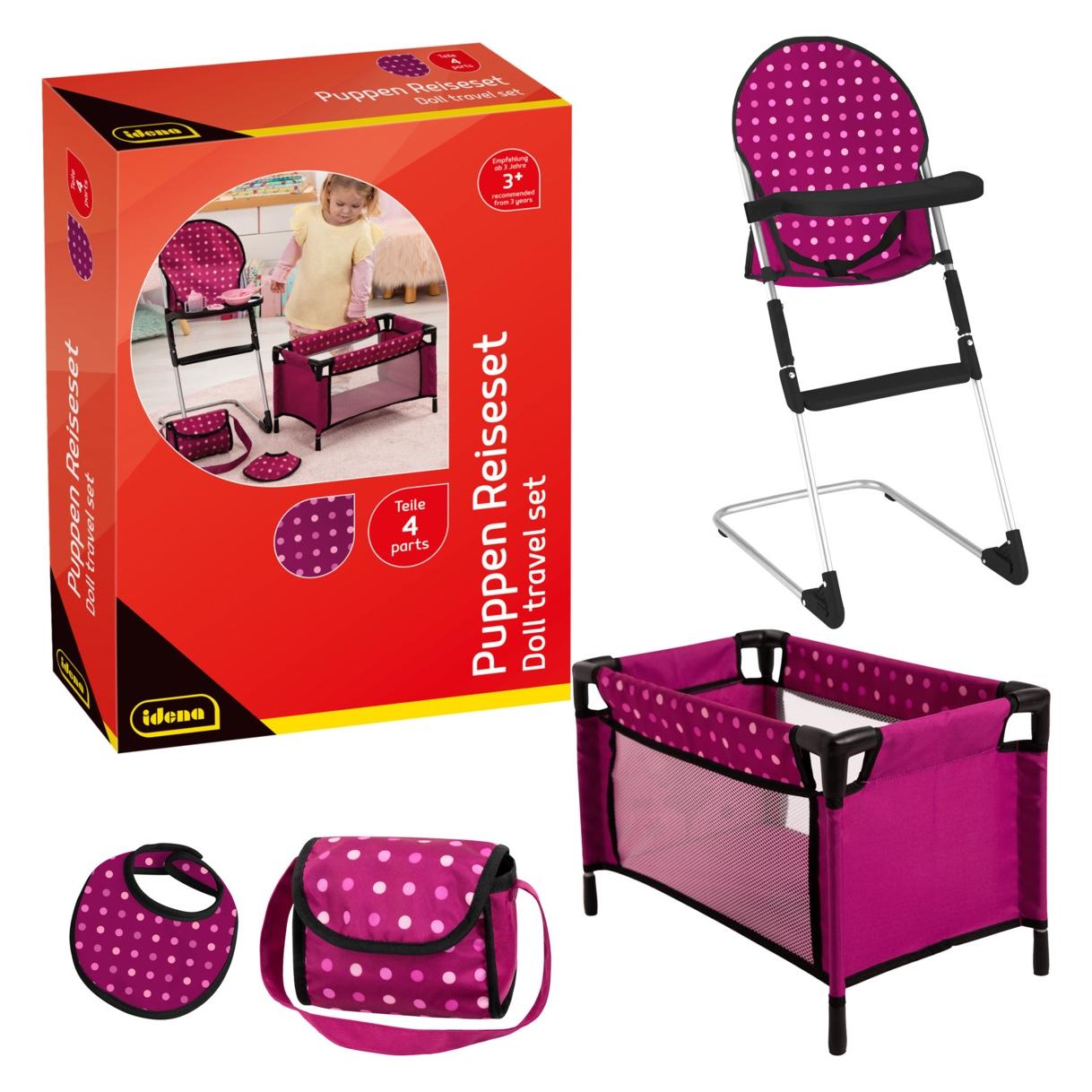 Idena Puppen Reiseset 4 Teile Hochstuhl Bett Tasche Lätzchen (71996353)